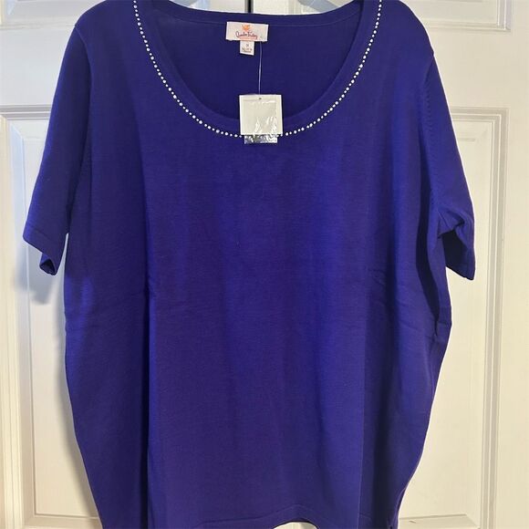 Quacker Factory Women's 1X Purple Rhinestone Scoop Neck sweater - Picture 1 of 6